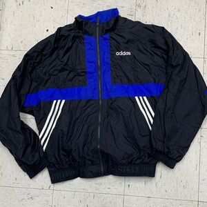 Adidas Men's Black Windbreaker with Blue Accents